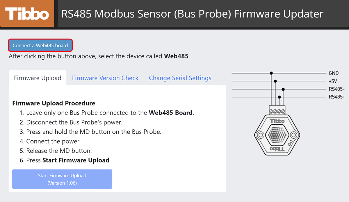 A screenshot of the RS485 Modbus Sensor (Bus Probe) Firmware Updater app.