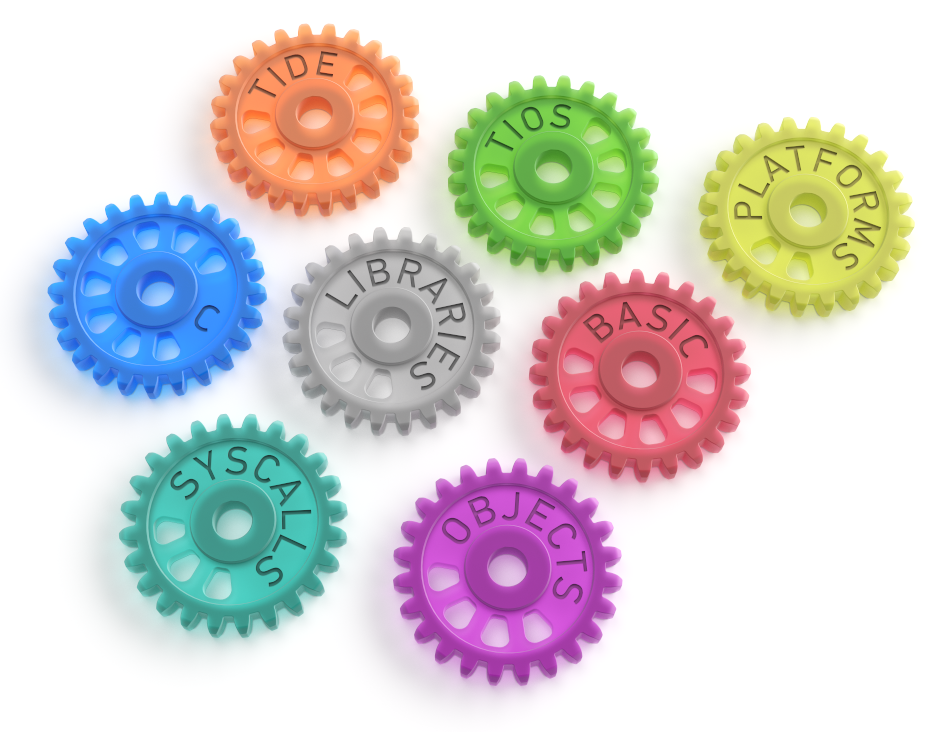 An illustration of gears that read TIDE, TiOS, C, BASIC, Libraries, Syscalls, and Objects.