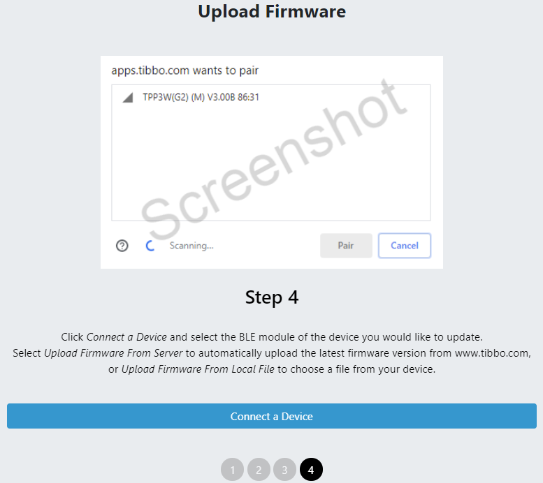 A screenshot of the BLE Firmware Updater web app.