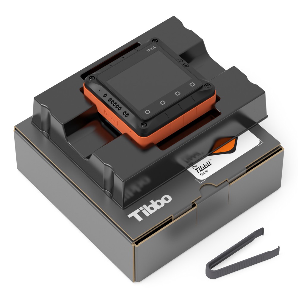 An isometric render of the Size 2 Tibbo Project Box With LCD/Keypad and its retail packaging.