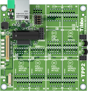 A top-down render of a Size 2 Tibbo Project PCB (TPP2), Gen. 2.