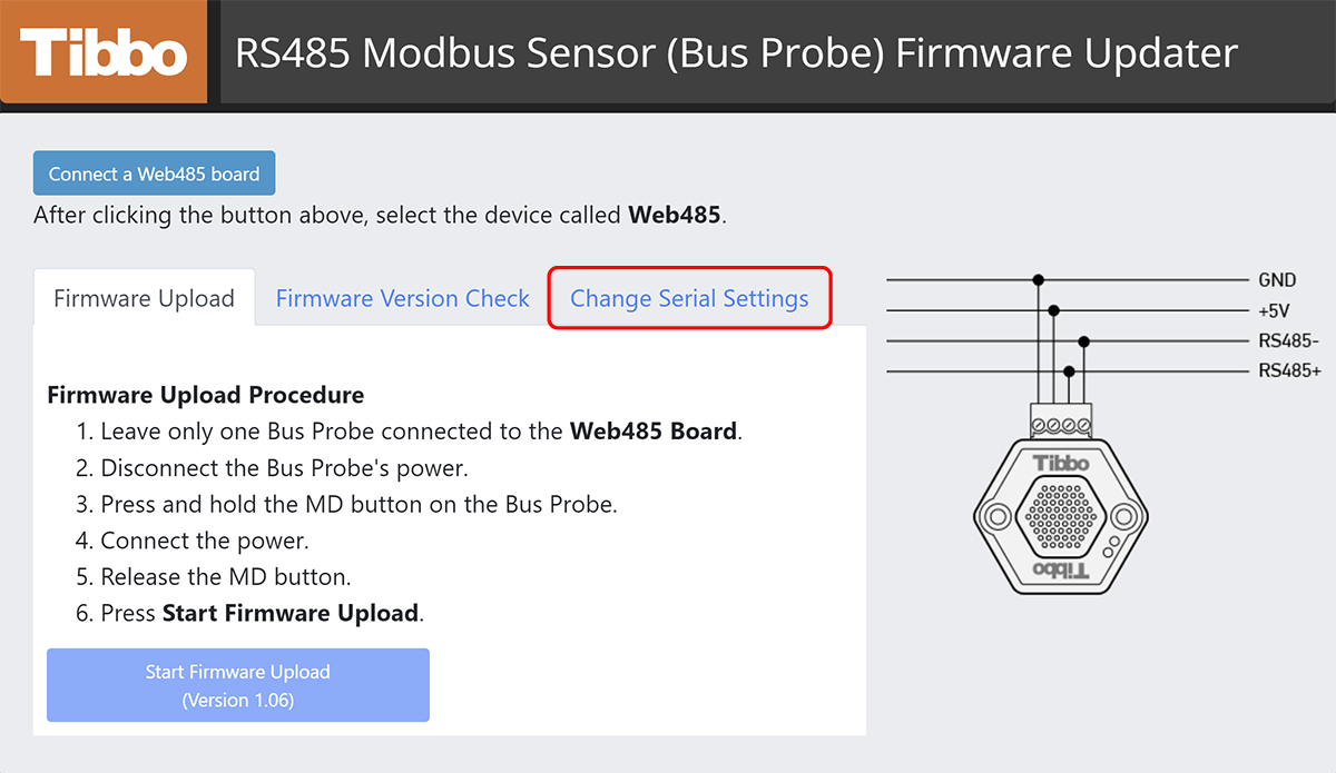 A screenshot of the RS485 Modbus Sensor (Bus Probe) Firmware Updater app.