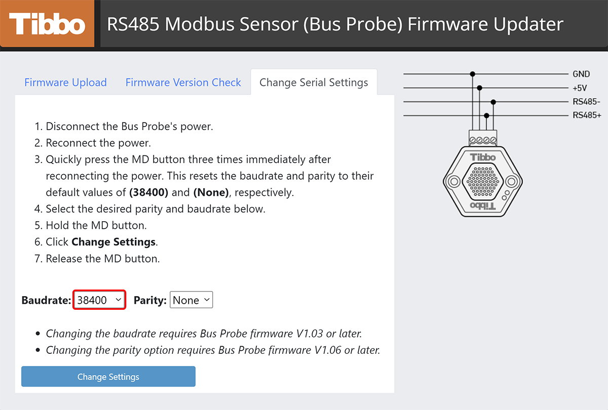 A screenshot of the RS485 Modbus Sensor (Bus Probe) Firmware Updater app.