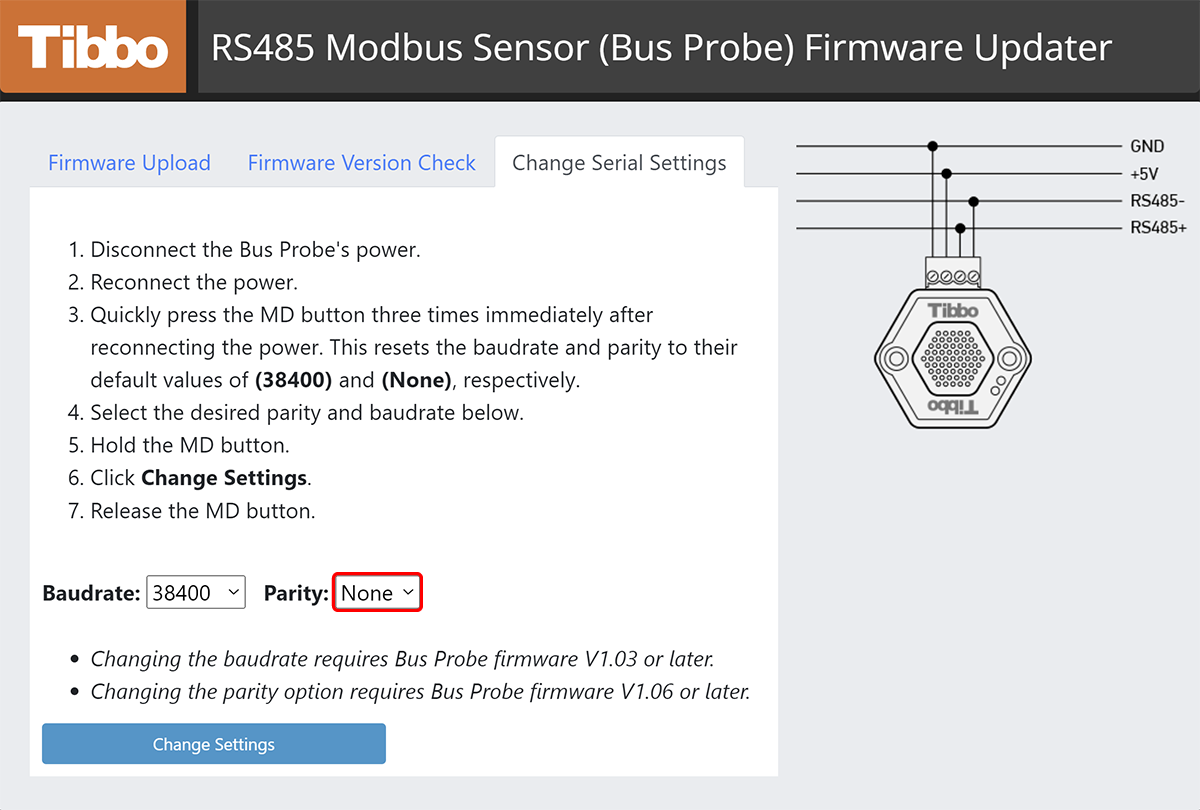 A screenshot of the RS485 Modbus Sensor (Bus Probe) Firmware Updater app.