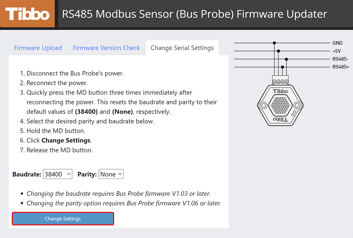 A screenshot of the RS485 Modbus Sensor (Bus Probe) Firmware Updater app.