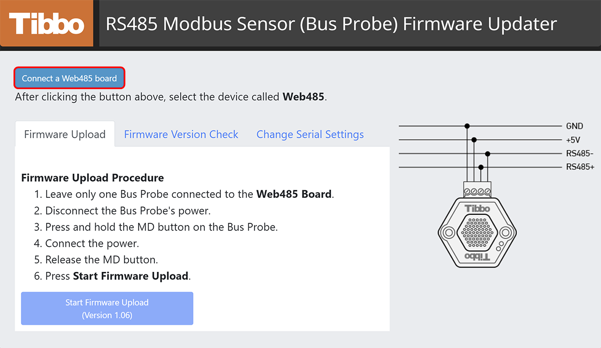 A screenshot of the RS485 Modbus Sensor (Bus Probe) Firmware Updater web app.