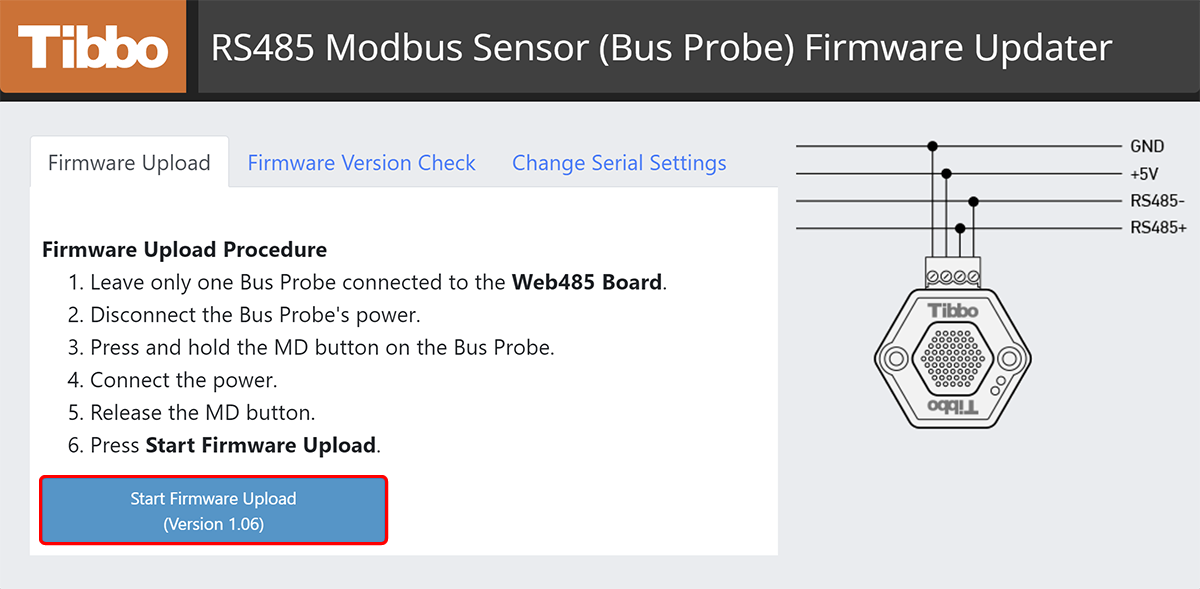 A screenshot of the RS485 Modbus Sensor (Bus Probe) Firmware Updater web app.