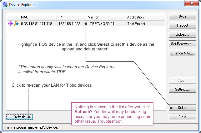 An annotated screenshot of Device Explorer.