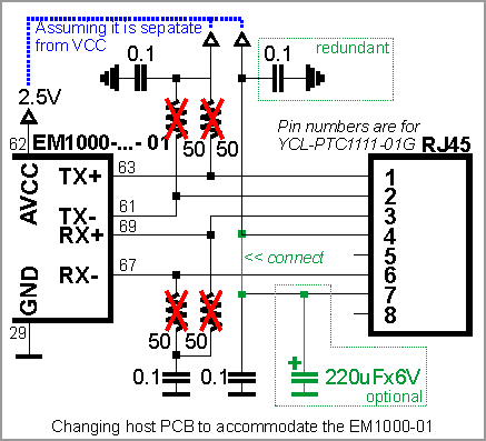 A circuit diagram illustrating how to change a host PCB to accommodate the EM1000-...-01.
