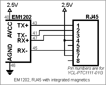A circuit diagram illustrating the connections between an EM1202 and a YCL-PTC1111-01G.