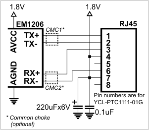 A circuit diagram illustrating the connections between an EM1206 and a YCL-PTC1111-01G.