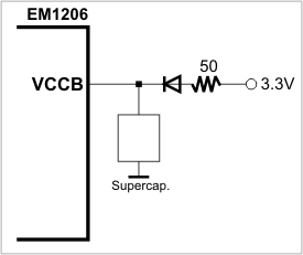A circuit diagram illustrating how to connect a supercapacitor to the EM1000.