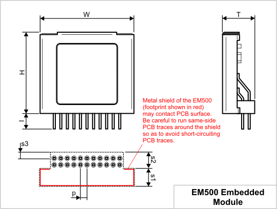 A diagram illustrating the dimensions of the EM500.