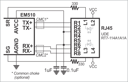 A circuit diagram illustrating the connections between an EM510 and a UDE RT7-114A1A1A.