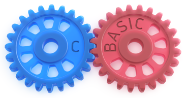 An illustration of two interlocked gears that read: "C" and "BASIC."