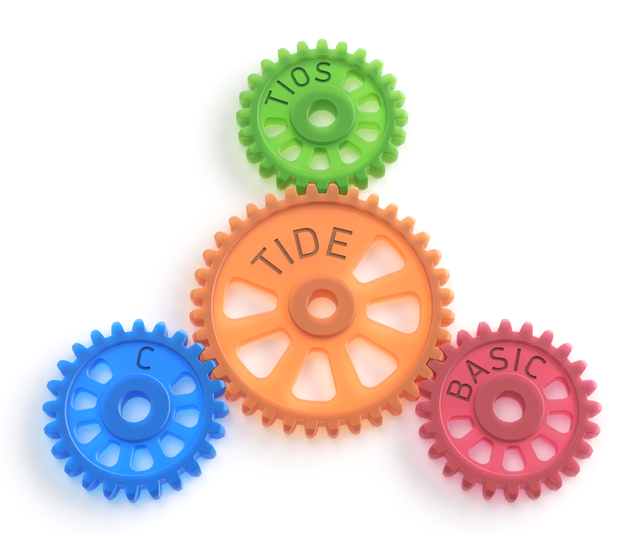 A picture of gears that read TIDE, TiOS, BASIC, and C.
