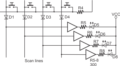 A wiring diagram of a keypad's scan lines driving LEDs.