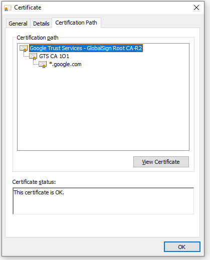 A screenshot of the Certificate window's Certification Path tab.