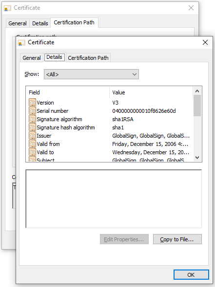 A screenshot of the Details tab of a certificate.