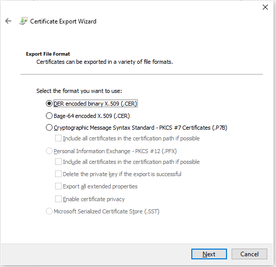 A screenshot of the Certificate Export Wizard.