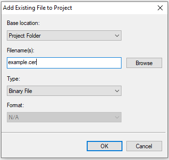 A screenshot of TIDE's Add Existing File to Project dialog.