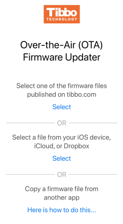 A screenshot of the Tibbo Updater smartphone app.