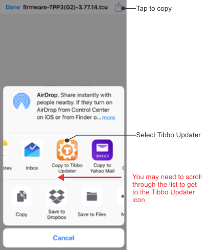 A screenshot of the Tibbo Updater smartphone app.