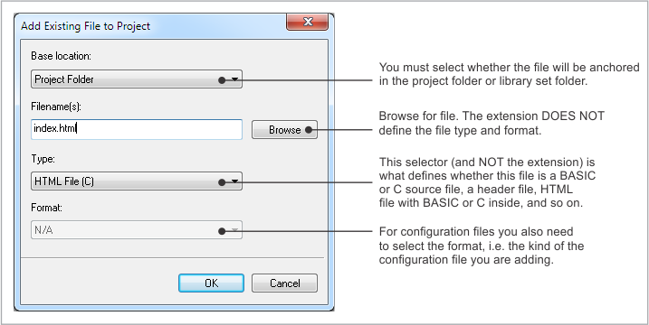 An annotated screenshot of TIDE's Add Existing File to Project dialog.