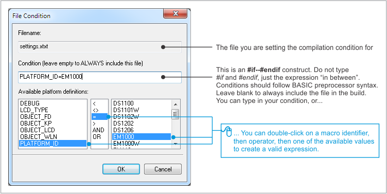 An annotated screenshot of TIDE's File Conditiion dialog.