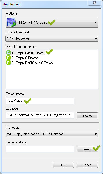 A screenshot of the TIDE New Project dialog.