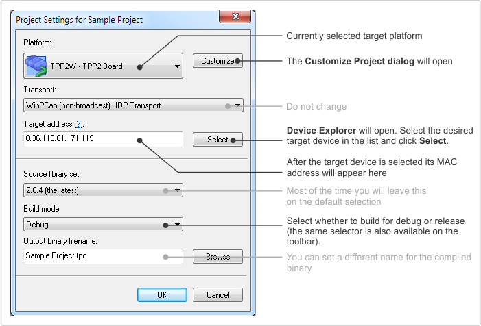 An annotated screenshot of TIDE's Project Settings dialog.
