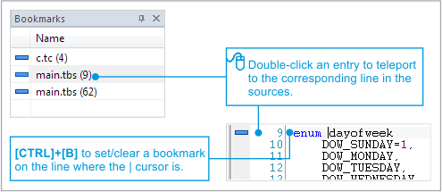 An annotated screenshot of TIDE's Bookmarks pane.