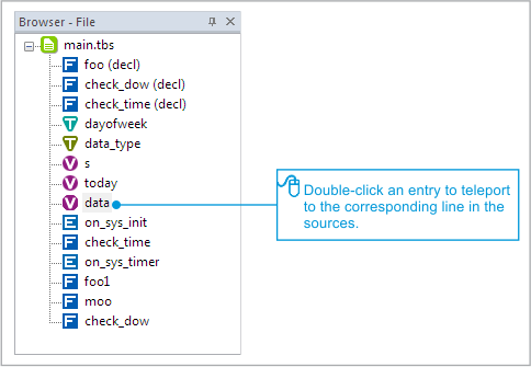 An annotated screenshot of TIDE's Browser-File pane.