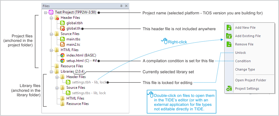 An annotated screenshot of TIDE's Files pane.