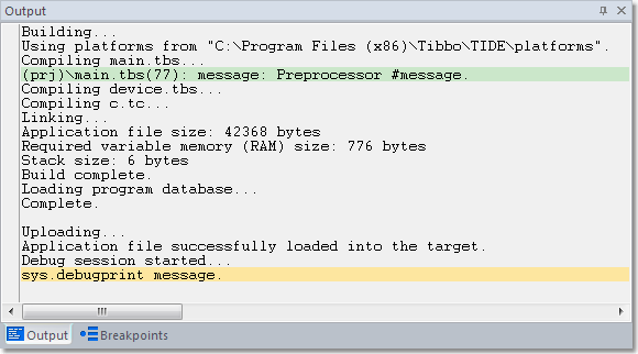 A screenshot of TIDE's Output pane.
