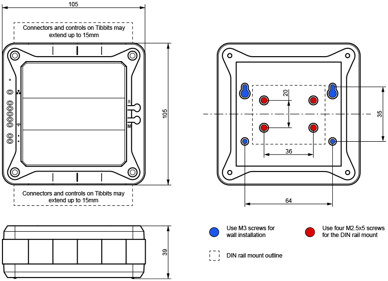 A diagram illustrating the dimensions of the TPB2.