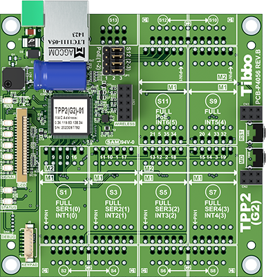 A top-down render of a Size 2 Tibbo Project PCB (TPP2), Gen. 2.