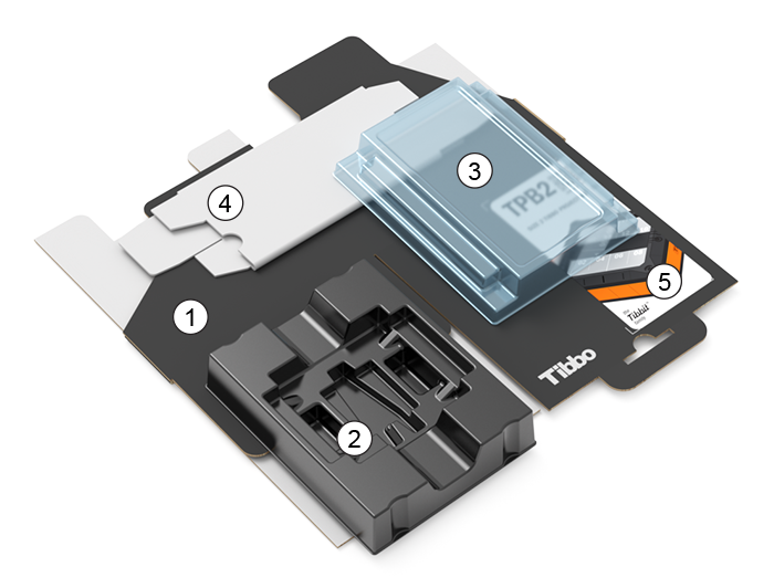 A numbered isometric render of the TPB2/TPS2 retail packaging kit.