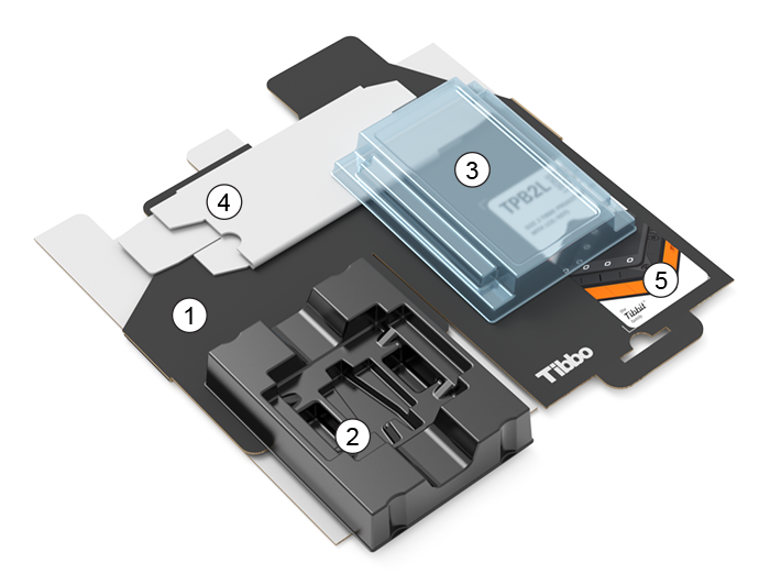 A numbered isometric render of the TPB2L/TPS2L retail packaging kit.